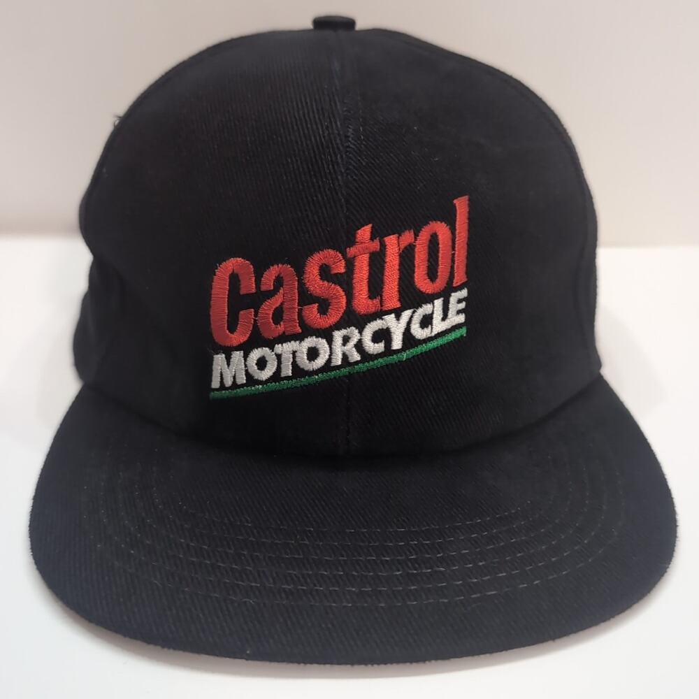 Vintage Corduroy Castrol Motorcycle Cap Hat Black Leather Strap Back Osterman